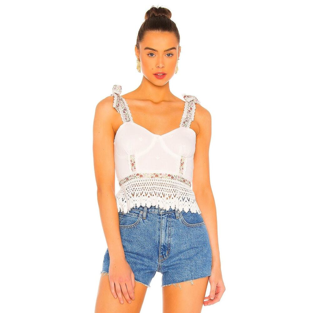 Tularosa Crop Top Amara Lace Crochet Floral Embroidered Tie Shoulder White S